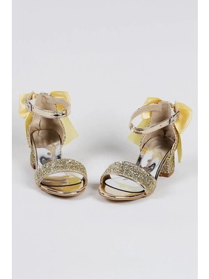 NeSe Shoes Işıltılı ve Taşlı Fiyonklu Kız Çocuk Topuklu Ayakkabı, Abiye Ayakkabı, Yeni Sezon, Pırıltılı Altın
