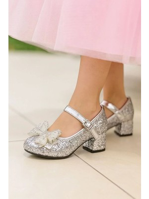 NeSe Shoes Işıltılı ve Taşlı Fiyonklu Kız Çocuk Topuklu Ayakkabı, Abiye Ayakkabı, Yeni Sezon, Pırıltılı Gümüşdekolte