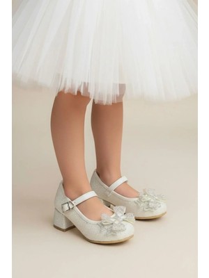 NeSe Shoes Işıltılı ve Taşlı Fiyonklu Kız Çocuk Topuklu Ayakkabı, Abiye Ayakkabı, Yeni Sezon, Pırıltılı Sedefdekolte