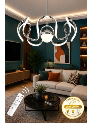 Ece Aydınlatma Nysos Özel Lüks Krom Kaplamalı Uzaktan Kumandalı 3 Renk Ledli Dimmerli Sarkıt Modern Avize (Çap 50CM)