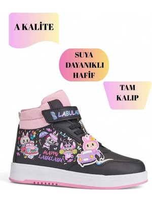 NeSe Shoes Labu Labu Baskılı Bilekli Kız Çocuk Spor Ayakkabısı Sneaker — Siyah-Pembe