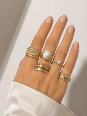 Takıtolia Tamore Gold 5’li Inci Taşlı Yüzük Seti Vintage Elegant Kombin