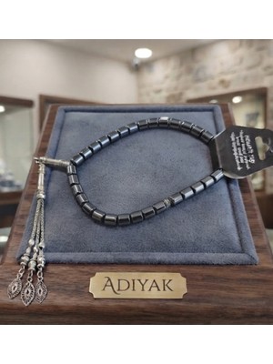 Adiyak Hakiki Doğal Hematit Taşı Tesbih - Silindir Kesim Metal Püsküllü 33'lü Erkek Tesbih