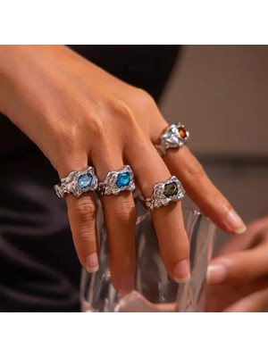 Takıtolia Velen Gümüş 4 Adet Mavi Yeşil Turuncu Taşlı Tasarım Vintage Çoklu Ayarlanabilir Silver Yüzük Seti