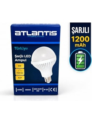 Belirtilmemiş Aksu Atlantis Şarjlı LED Ampul 9W E27 1200MAH – 720 Lümen, 6500K Beyaz Işık, Elektrik Kesintilerine Karşı Acil Aydınlatma