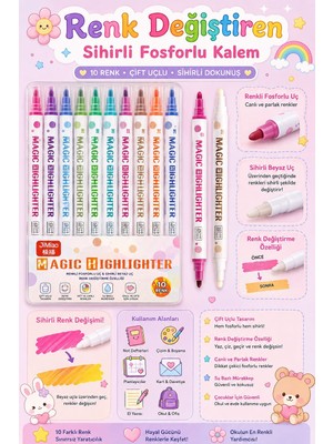 Kawaii 10 Adet Renk Değiştiren Sihirli Fosforlu Kalem Seti Çift Uçlu Magic Highlighter