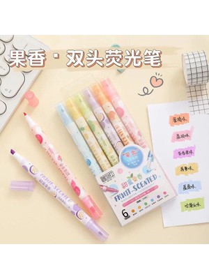Kawaii Meyve Desenli Çift Uçlu Fosforlu Kalem Seti 6 Adet Kalem 12 Renk Kawaii İşaretleme Kalemi