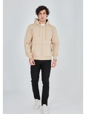 Tarz Yeri Erkek 3 Iplik Pamuklu Kapüşonlu Tam Fermuarlı Cepli Hoodie Sweatshirt - Bej