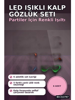 Semel Şeffaf Çerçeveli LED Işıklı Kalp Glow Parti Gözlüğü - 6 Adet Set, Festival Hediyesi BX-313767