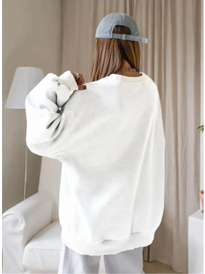 Asmedo Kadın Düz Bisiklet Yaka 3 Iplik  Sweatshirt - Beyaz