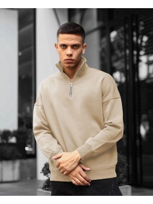 Tarz Yeri Erkek Yarım Fermuarlı Üç Iplik Sweatshirt - Bej