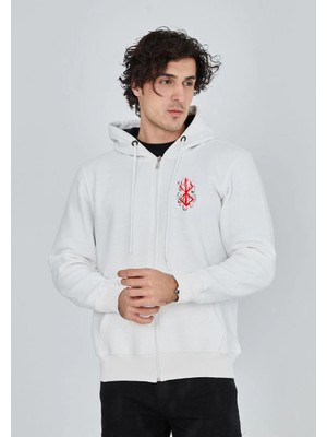 Tarz Yeri Erkek 3 Iplik Pamuklu Kapüşonlu Tam Fermuarlı Cepli Hoodie Sweatshirt - Beyaz