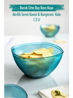 Akrilik Barok Aquamarin Orta Boy Kare Meyve & Salata Kasesi & Karıştırma Kabı / 1,5 Lt (Cam Değildir)