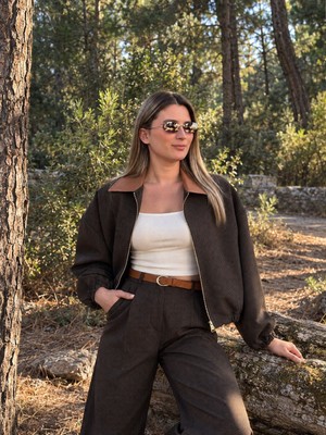 Alis Boutique Kahve Ekose Bomber Ceketli Pantolon Takım