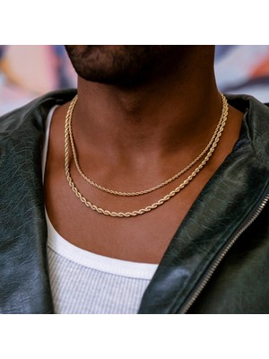 Parla Erkek Halat Set Çelik 14K Altın Kaplama 2mm 50 cm