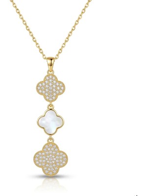 Parla 316L Paslanmaz Çelik Y Kolye Yonca Zirkon & Sedef Taşlı Rodyum & 925 Gümüş Kaplama Kolye