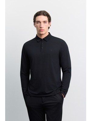 AVVA Erkek Siyah Polo Yaka Düğmeli Teknik Kumaş Uzun Kol Basic Regular Fit T-Shirt A62Y1014