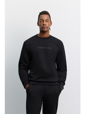 AVVA Erkek Siyah Bisiklet Yaka Kolay Ütülenen Baskılı İnterlok Regular Fit Sweatshirt A62Y1285