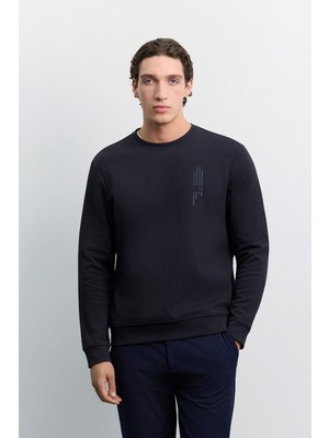 AVVA Erkek Lacivert Bisiklet Yaka Kolay Ütülenen Baskılı Pamuklu Regular Fit Sweatshirt A62Y1297