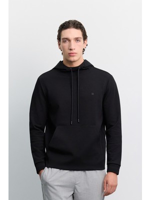 AVVA Erkek Siyah Kapüşonlu Yaka Kanguru Cepli İnterlok Sweatshirt B001034