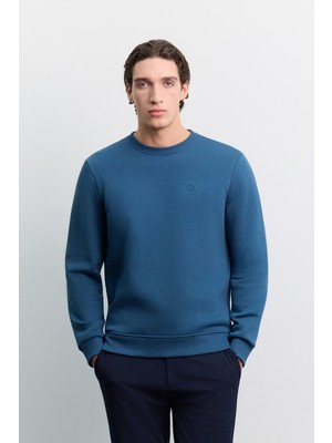 AVVA Erkek İndigo Bisiklet Yaka 3 İplik Şardonlu -4 Dereceye Dayanıklı Regular Fit Sweatshirt A62Y1291