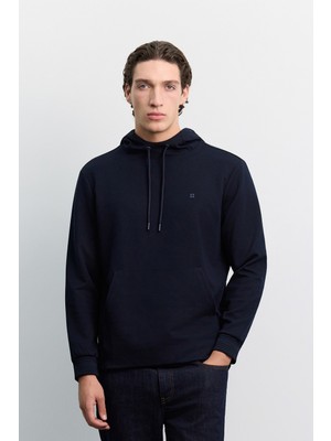 AVVA Erkek Lacivert Kapüşonlu Yaka Kanguru Cepli İnterlok Sweatshirt B001034
