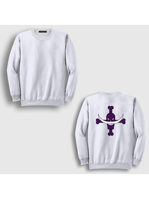Presmono Unisex Beyaz Whitebeard Tattoo Anime One Piece Sırt Baskılı Sweatshirt