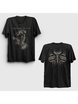 Presmono Unisex Siyah Wings Swallow The Sun Sırt Baskılı T-Shirt