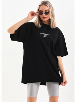 Kadın Baskılı Oversize Kısa Kol  T-Shirt - Siyah Mariposa Secret