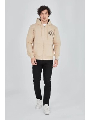 Lune Store Erkek Kapüşonlu Baskılı Fermuarlı Hırka - Bej