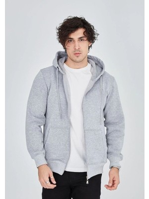 Velmora Fashion Erkek 3 İplik Pamuklu Kapüşonlu Tam Fermuarlı Cepli Hoodie Sweatshirt - Gri