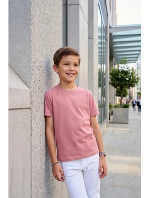 Kiagu Erkek Çocuk T-Shirt Pudra Kısa Kol Tişört Basic Terletmeyen Esnek Kumaş %100 Pamuklu Mevsimlik Tshirt Düz Baskısız (2-13 Yaş)