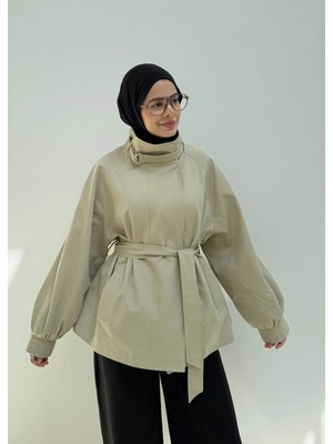 Moda Aksa 7757 Wia Kşklı Dik Yaka Trenç Taş