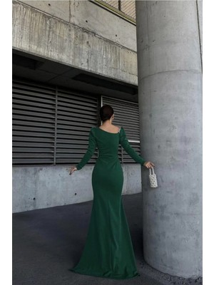 Semel Kadın Modern Stil Kayık Yaka Taş Detaylı Uzun Kollu Abiye Elbise
