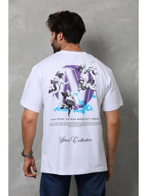 Modi Unisex Bisiklet Yaka Baskılı Oversize T-Shirt - Beyaz