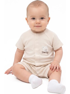 Bebegen Erkek Bebek Bej Ayı Family Nakışlı Çıtçıtlı Şort Tulum