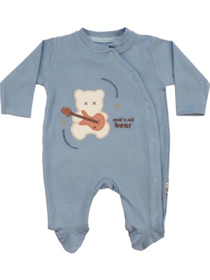 Bebegen Erkek Bebek Mavi Gitarlı Ayıcık Desenli Çıtçıtlı Patikli Tulum