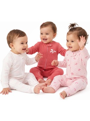Bebegen Kız Bebek Beyaz Fuşya Pembe Fiyonklu 3'lü Tulum Takım