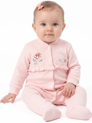 Bebegen Kız Bebek Ekru Somon Gül Nakışlı Kanaviçe Çıtçıtlı Patikli Tulum