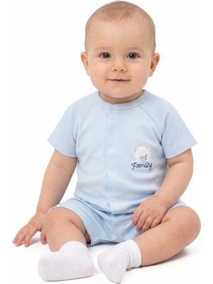 Bebegen Erkek Bebek Bebe Mavisi Ayı Family Nakışlı Çıtçıtlı Şort Tulum