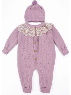 Bebegen Kız Bebek Pembe Fistolu Yakalı Bereli Triko Lüks Tulum