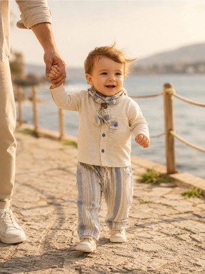 Omeca Concept Çizgili Pantolon ve Fular Detaylı Ekru Erkek Bebek 3’lü Takım