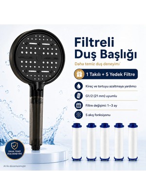 Plodna House Lüx Siyah Premium Filtreli Duş Başlığı – 5 Yedek Filtreli Avantaj Paketi