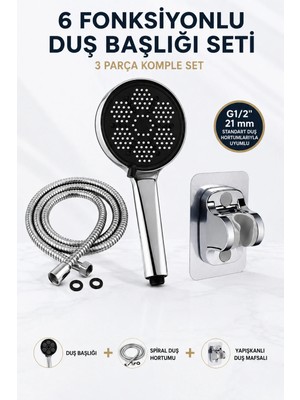 Plodna House 6 Fonksiyonlu Duş Başlığı Seti, Spiral Duş Hortumu ve Yapışkanlı Duş Mafsalı, G1/2 21 mm – 3 Parça