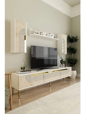 Ceneyra TVR1803BTG Meyra Tv Ünitesi Beyaz-Traverten-Gold 180CM