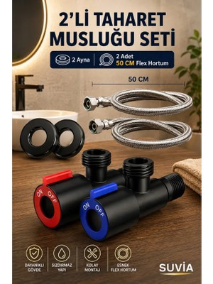 Suvia Taharet Musluğu 2'li Set Siyah 2 Adet 50 cm Flex Hortum ve Ayna Sızdırmaz Kolay Montaj