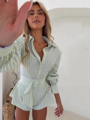 Havens Honey Çizgili Şort Gömlek Kemer Set