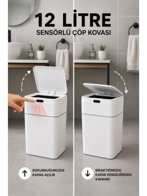 Piev Sensörlü Otomatik Kapaklı Akıllı Çöp Kovası Beyaz 12 Lt