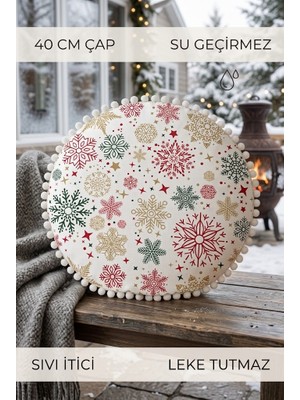 Rona Home Yuvarlak Dekoratif Minder 40 cm Yılbaşı Desenli Ponponlu Minder Su Geçirmez Sıvı Itici Leke Tutmaz
