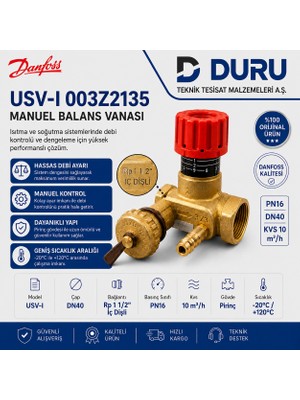 Danfoss Usv-I DN40 Manuel Balans Vanası PN16 Kvs 10 Pirinç Debi Ayar Vanası 003Z2135